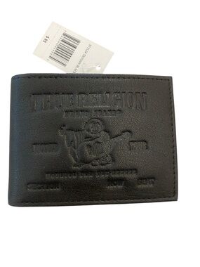 True Religion Black Embossed Leather Black Wallet with Logo NEW